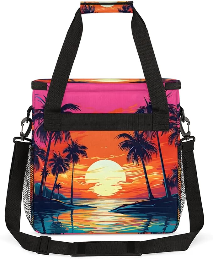 Coconut Tree Sunset Coffee Maker Travel Bag for Keurig K-Mini/K-Mini Plus Insulated Waterproof Tote with Pockets for K-Cup Portable Single-Serve Brewer Case