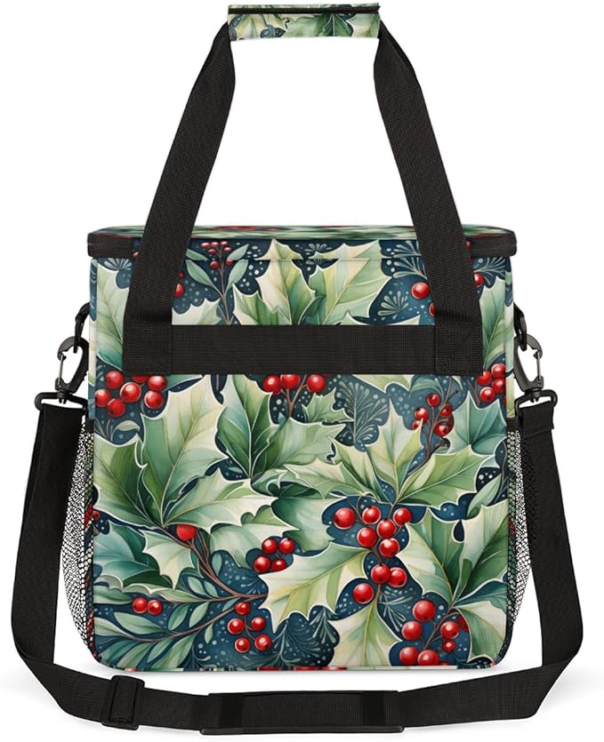 Holly Leaves Coffee Maker Carrying Bag Christmas Holly Travel Storage Bag Compatible with K-Mini or K-Mini Plus Single Serve Coffee Brewer Carrying Case with Multiple Pockets &amp Shoulder Strap