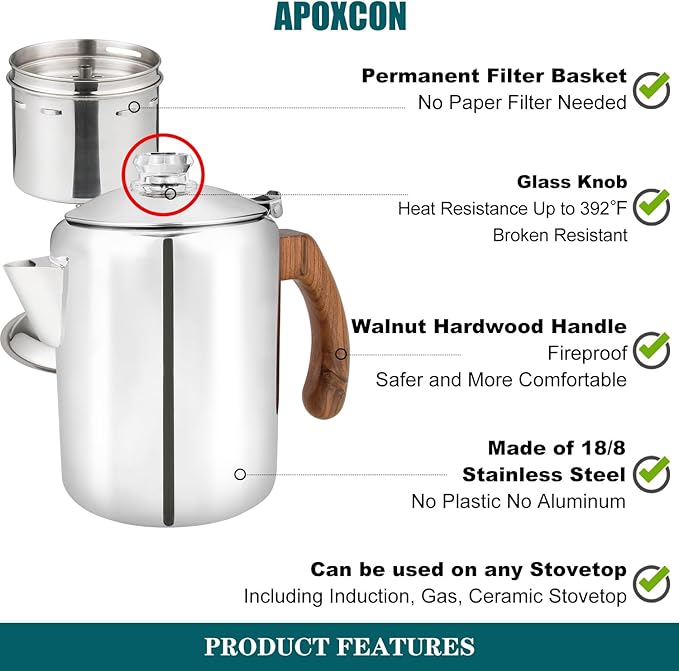 Coffee Percolator Pot Stainless Steel Coffee Maker with Tough Glass Knob &amp Fireproof Solid Wood Handle &amp Drip-Free Spout Camping Coffee Pot Using on any Stovetop NO Aluminum NO Plastic (8 Cup)