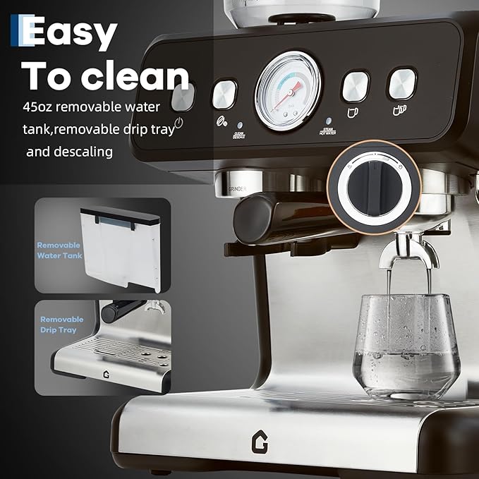 Stainless Steel Espresso Machine with Built-In Grinder 20 Bar Pressure Coffee Maker with Milk Frother Steam Wand 2.8L Removable Water Tank &amp Adjustable Shot Volume for Home or Office Use