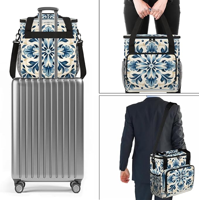 Blue Flower Coffee Maker Travel Bag for Keurig K-Mini/K-Mini Plus Insulated Waterproof Tote with Pockets for K-Cup Portable Single-Serve Brewer Case