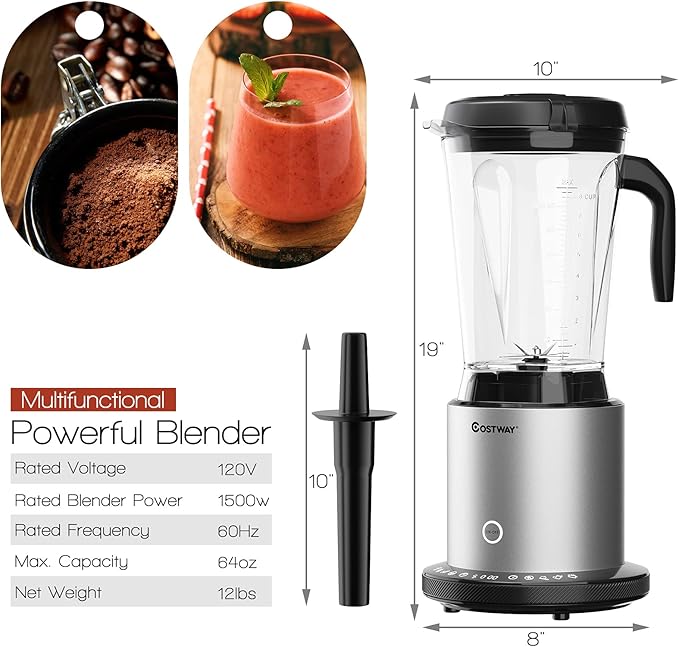 COSTWAY Professional 64oz Countertop Blender Smoothie Maker Built-in Self-Cleaning with 10 Speed Control &amp 8 Pre-Set Programs Pitcher Crushing Blender for Smoothies Frozen Fruit 1500W