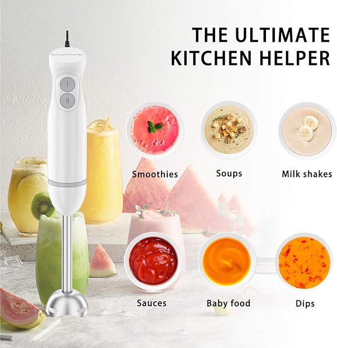 Bonsenkitchen Immersion Hand Blender 2-Speed Electric Stick Mixer Portable Blender for Smoothies Soup &amp Baby Food with Stainless Steel Blades Easy Clean White