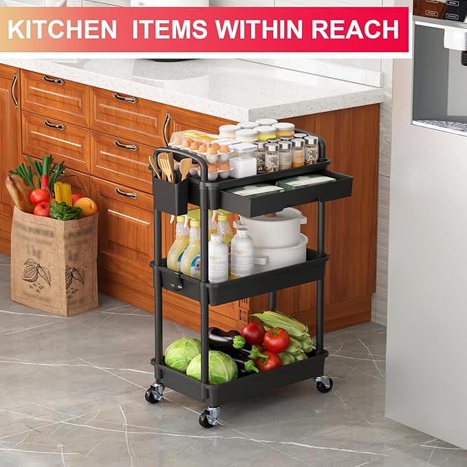 Goovilla 3 Tier Rolling Utility Cart Organizer with Removable Drawer Stable and Sturdy Black Rolling Storage Carts with 2 Lockable Wheels for Bathroom Kitchen Snack Craft Makeup Baby Essentials