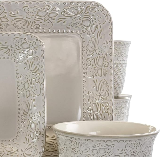 16 Piece Square Stoneware Dinnerware Set – Ivory Plates and Bowls with Baroque Design Microwave &amp Dishwasher Safe Dinnerware for 4 Elegant Tableware Set
