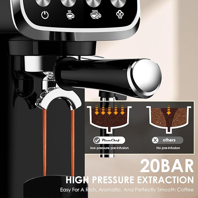 Slim Design 20 Bar Espresso Machine with Milk Frother Digital Temperature Display &amp 43oz Removable Tank Compact Home Coffee Maker (Buttons)