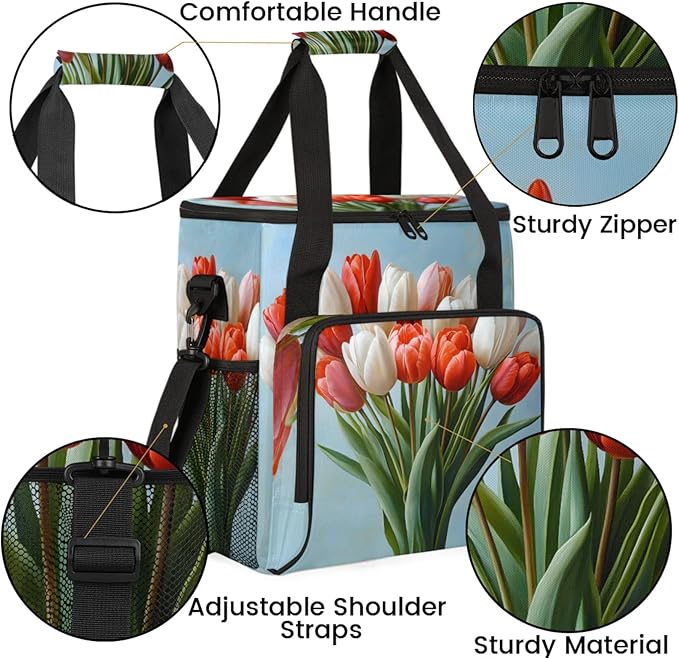 Floral Tulip Bouquet Coffee Maker Travel Bag for Keurig K-Mini/K-Mini Plus Insulated Waterproof Tote with Pockets for K-Cup Portable Single-Serve Brewer Case