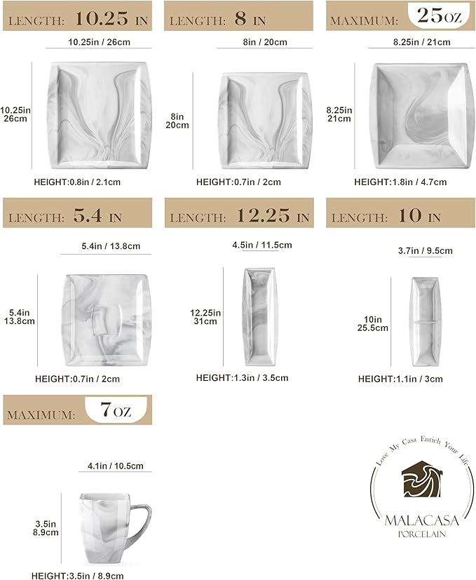 MALACASA Dinnerware Sets 32 Pieces Porcelain Plates and Bowls Sets for 6 Marble Grey Dishes with Plates and Bowls Cups and Saucers Side Dish Plates Square Dinner Set Series Blance