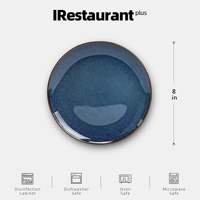 Organic Shape Highland Ceramic Salad plate 12pcs 8 Inch Handmade Reactive Glaze Stoneware Plates with Wavy Edge for Kitchen Microwave &amp Dishwasher Safe Scratch Resistant-Blue