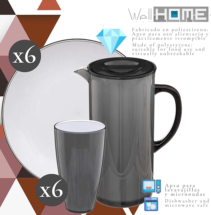 WELL HOME MOBILIARIO &amp DECORACIÓN WellHome grey polystyrene dinnerware set.