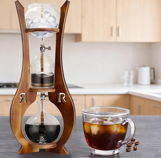 Cold Brew Coffee Maker with Double Valve &amp Slow Drip Technology 600mL Large Capacity Drip Tower Premium Iced Coffee Maker Wooden Stand for Home Office Bar