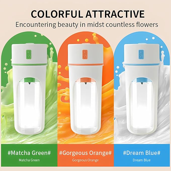 Portable Wireless Electric Juicer Blender USB Rechargeable White with Color Accents Steel Six-Blade Fruit Mixer Cup with Straw Personal Size (Green)