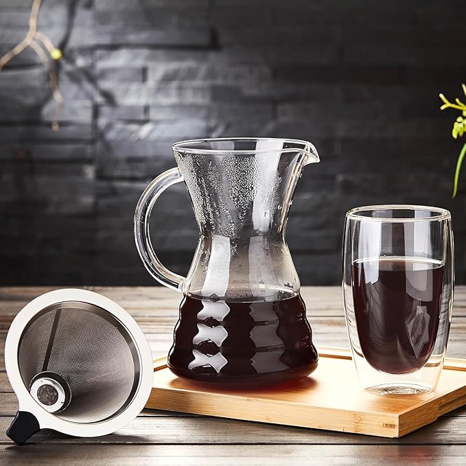 Unbreakable - 18 Pack Pour Over Coffee Maker with Permanent Stainless Filter 27 fl oz Thickened Heat-Resistant Borosilicate Glass Dripper Coffee Brewer Stovetop Safe