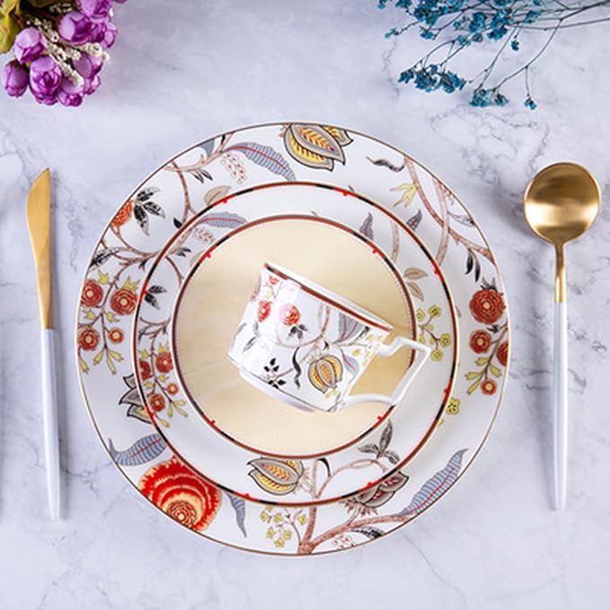 4 Piece Dinnerware Set Durable Ceramic Dinner Plate SetsExquisite Phnom Penh and Floral Design Dinner Set Plates Coffee Cup and Saucer Set Service for 1
