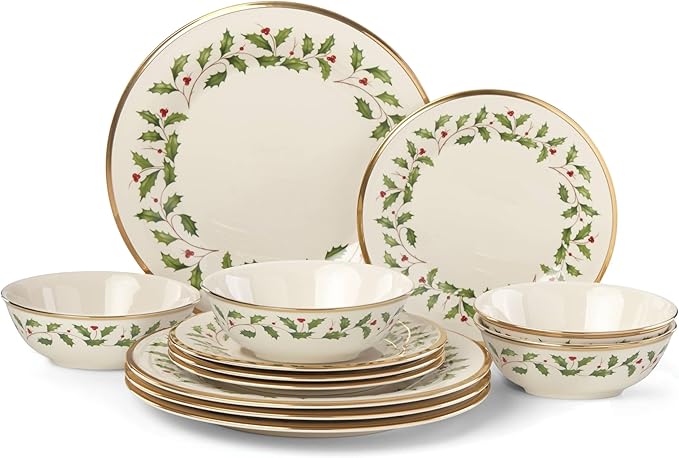 Lenox 893172 Holiday 12-Piece Plate and Bowl Set Christmas Dinnerware Hosting