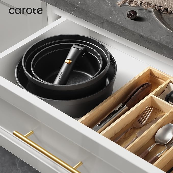 CAROTE 19pcs Pots and Pans Set Non Stick Nonstick Cookware Set Dishwasher/Oven/Fridge Safe Pots and Pans Removable Handle RV Oven Safe Cookware Induction Kitchen Set Black