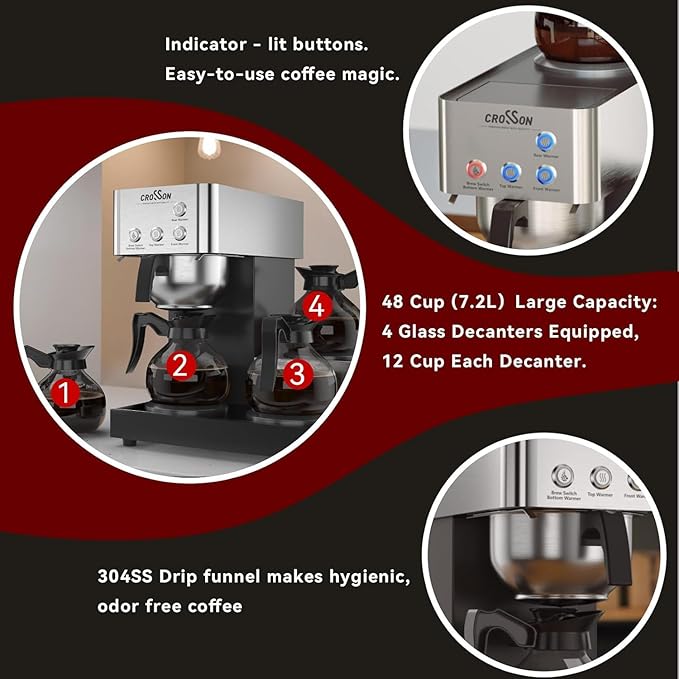 crosson 12 Cup Commercial Coffee Brewer with 4 Warmers &amp 4 Glass DecanterPour Over Drip Coffee Maker with Stainless Steel Housing and 304 SS Funnel