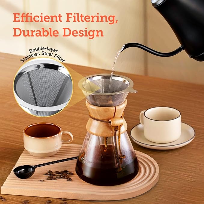 COSORI Pour Over Coffee Maker with Double Layer Stainless Steel Filter 8-Cup 34oz Drip Coffee Maker Coffee Dripper Brewer High Heat Resistant Carafe also for Camping Hiking
