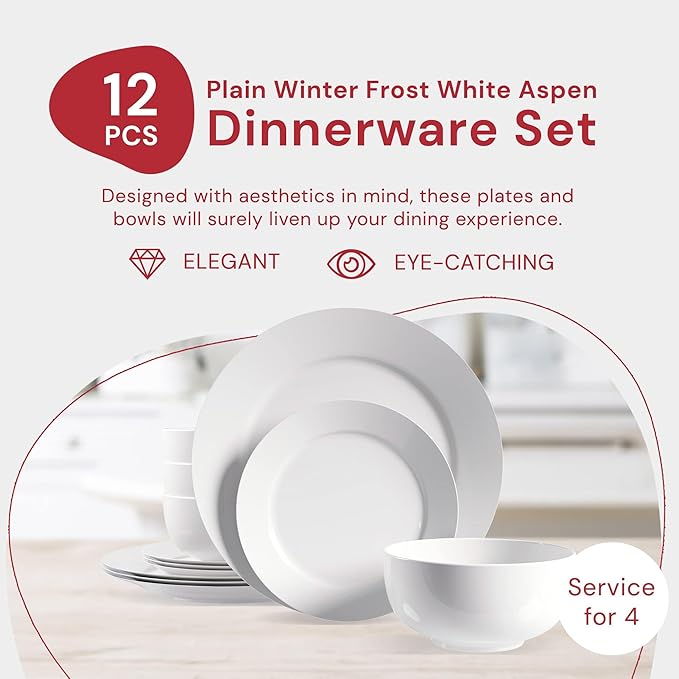 Pemberly Row Porcelain Dinnerware Set 12-Piece Plain White Round Rim Aspen Design Includes Dinner Plates Salad Plates Bowls Lightweight Stackable Microwave &amp Dishwasher Safe Chip Resistan