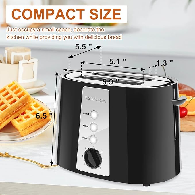 SEEDEEM Toaster 2 Slice 7 Shade Settings Bread Toaster with Cancel Defrost Reheat Function Extra Wide Slots for Waffle or Bagel Removable Crumb Tray 750W Classic Black