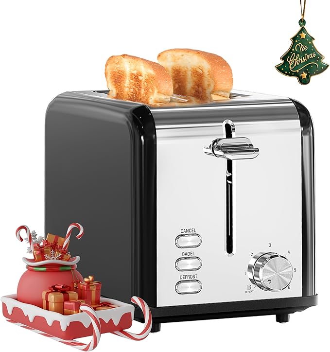 HealSmart 2-Slice Stainless Steel Toaster 6 Browning Setting and 3 Function Toaster Extra Wide Slot &amp Removable Crumb Tray for Bread &amp Waffle Black