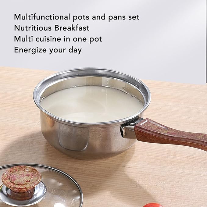 Pots Pans Set Kitchen Cooking Set 6 Set Pots and Pans with Lid Woodgrain Model Stainless Steel Glass Phenolic Nonstick with Ergonomic Handle Kitchen Cookware Set