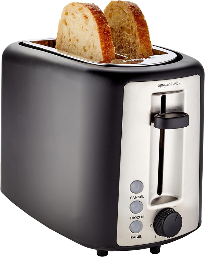Amazon Basics 2 Slice Toaster Extra Wide Slots for Bagels 6 Browning Settings Removable Crumb Tray Defrost/Cancel/Bagel Buttons Cord Wrap 900W Black &amp Silver