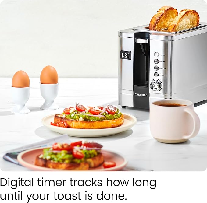 Chefman 2-Slice Digital Toaster Pop-Up Stainless Steel Extra-Wide Slots For Bagels Defrost Reheat Cancel Functions Removable Crumb Tray