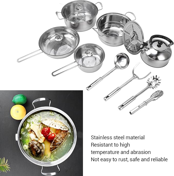 Stainless Steel Cookware Set Rustproof Thickened Pots and Pans for Home Kitchen Multi Functional Cooking - Even Heating Design Non Stick Surface Ideal for Everyday Use