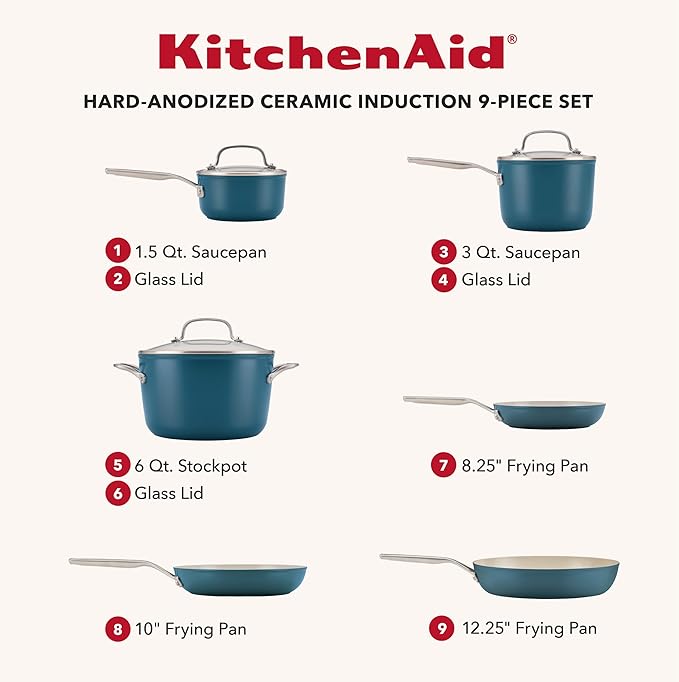KitchenAid Hard Anodized Ceramic Induction Nonstick Pots and Pans Set with Saucepans Frying Pans Stockpot and Lids Dishwasher Safe 9 Piece Cookware Set with Stainless Steel Handles - Agave Blue