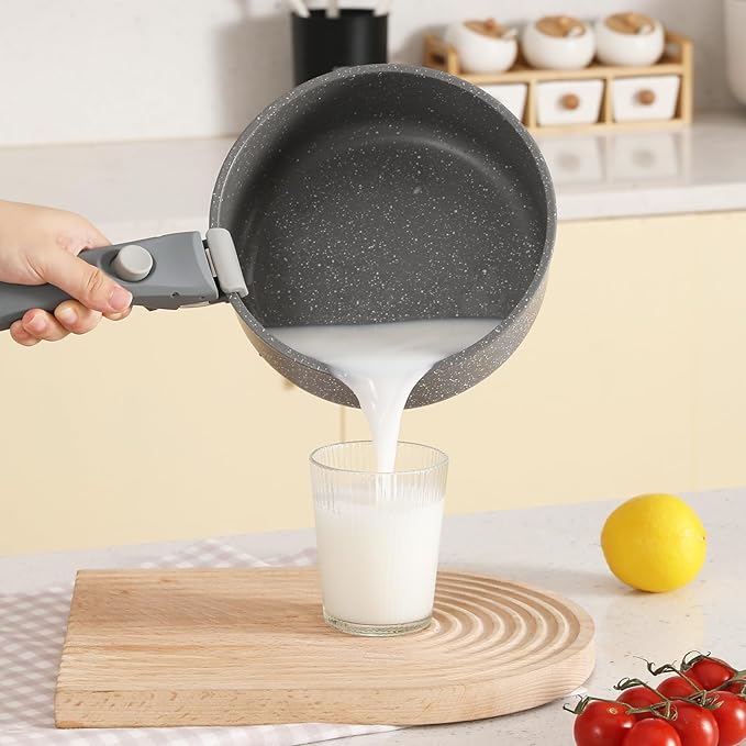 Gray Non Stick Pot and Pan Set with Removable Handle Ceramic Cookware Set Detachable Handle 5pcs Induction Kitchen Camping Stackable Pots Pans Dishwasher/Oven Safe PTFE/PFAS/PFOA Free
