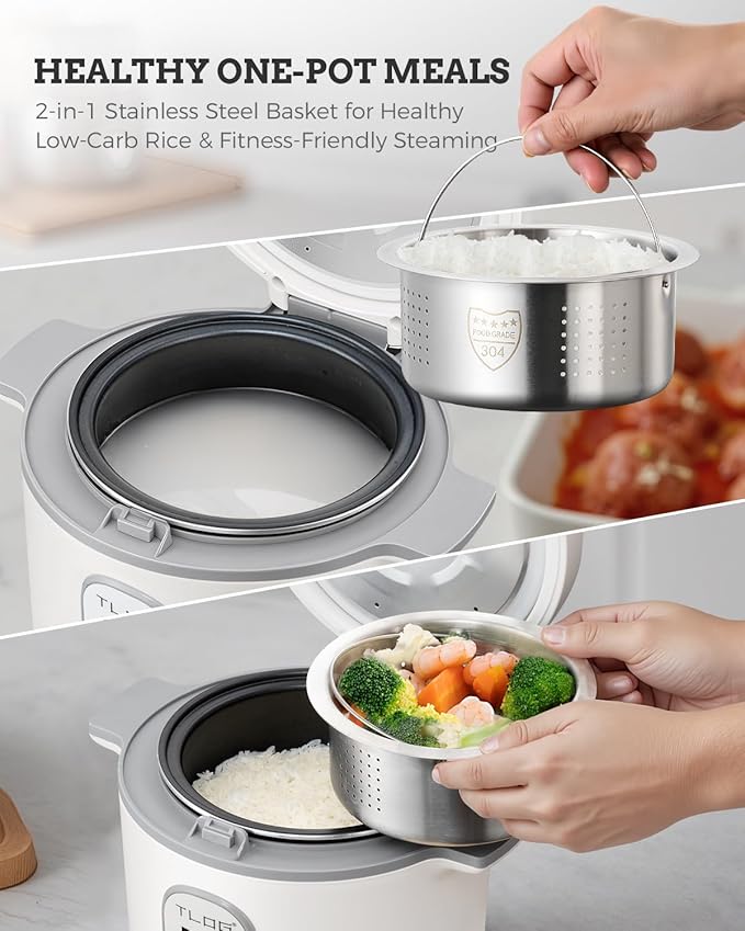 TLOG Low Carb Rice Cooker 2L(8 Cups Cooked) Low Sugar Healthy Rice Maker with 304 Stainless Steel Steamer Basket 5 Cooking Presets 24H Timer &amp Keep Warm Function