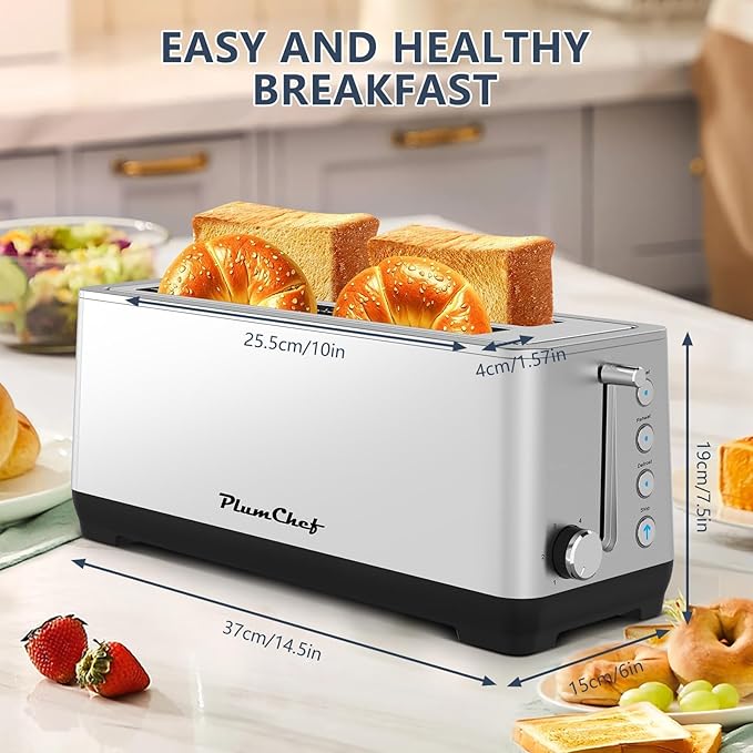 4-Slice Long Slot Toaster Wide Slot Stainless Steel Housing Bread Toaster with 6 Browning Settings Bagel/Defrost/Reheat Functions Removable Crumb Tray Self-Centering Slots Stainless Steel
