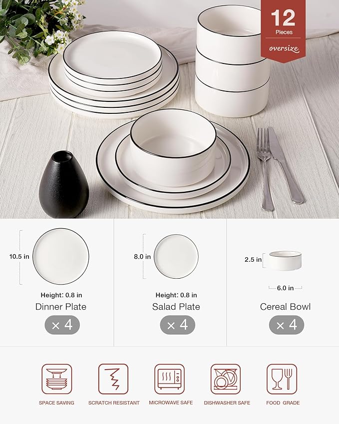Famiware Porcelain Dinnerware Set 12-Piece Modern Plate and Bowl Set Dish Set for 4 Microwave and Dishwasher Safe Tableware White with Black Trim