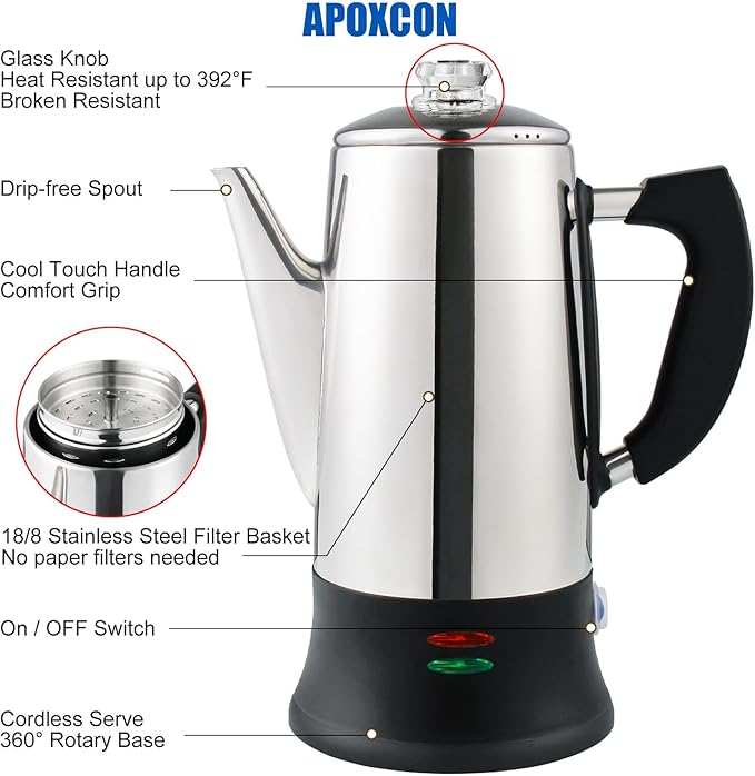 Electric Coffee Percolator Stainless Steel Coffee Maker with Heat Resistant Tough Glass Clear Brew Progress Knob Keep Warm &amp Cordless Serving Classic Coffee Pot with On/OFF Switch 12 Cup