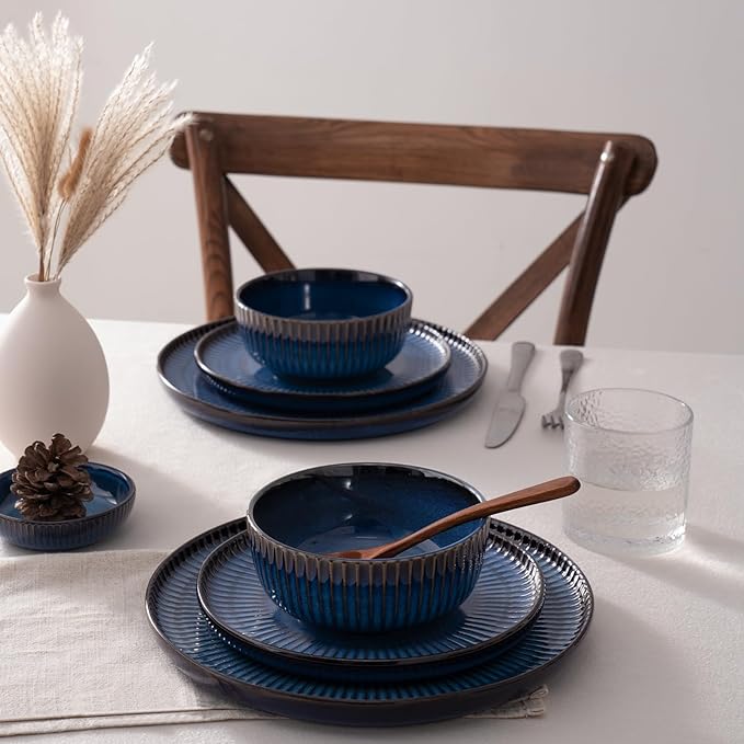 Famiware Starlight Plates and Bowls Dishes Set of 6 (18 Pieces) Ribbed Textured Stoneware Dinnerware Sets- Dishwasher &amp Microwave Safe Chip &amp Scratch Resistant Starry Blue