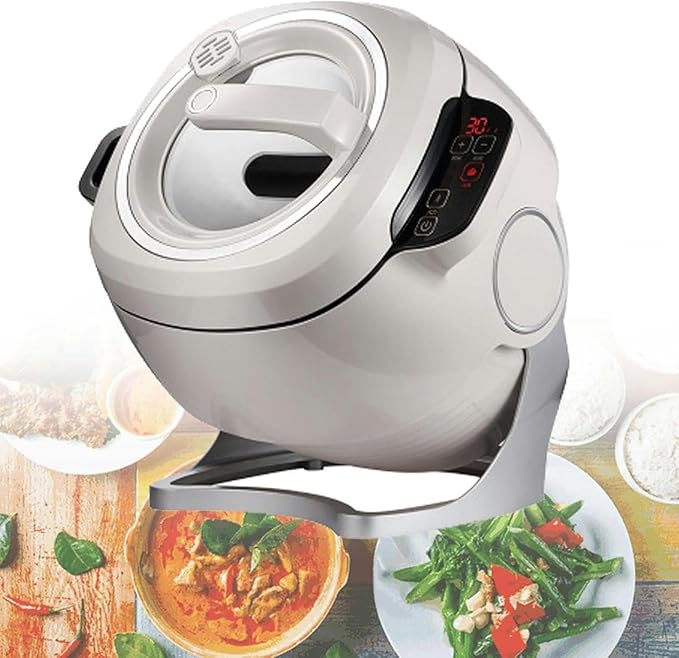 Portable Automatic Stir Fry Cooker Auto Cooking Wok Fried Rice Machine with Visual Pot Lid and Wooden Handle 360° Automatic Rotation Touch Panel Cooker Robot for Home Restaurant