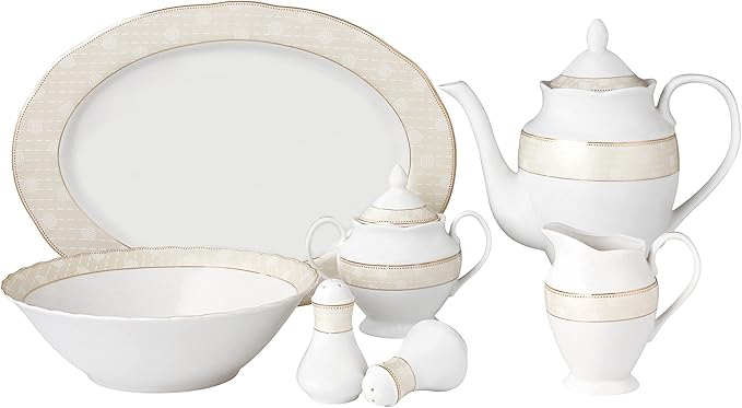 Lorren Home Trends Tova-57 57 Piece Wavy Porcelain Tova Collection Dinnerware Set Gold