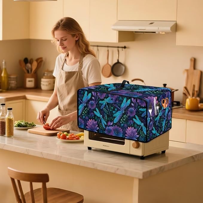 Dragonfly Floral Print Toaster Oven Cover for Kitchen Counter Decorative Washable Smart Microwave Oven Protector Dustproof Stain Resistant Bread Maker Cover Blue and Purple