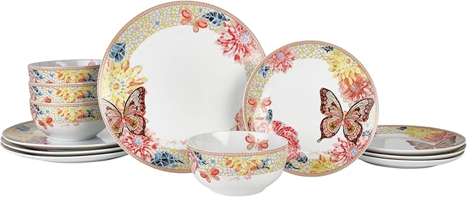 Dolly Parton 12 Piece Jeweled Mosaic Butterfly Dinnerware Set Porcelain Dinner Plates Salad Plates Bowls Service for 4 Microwave Dishwasher Safe