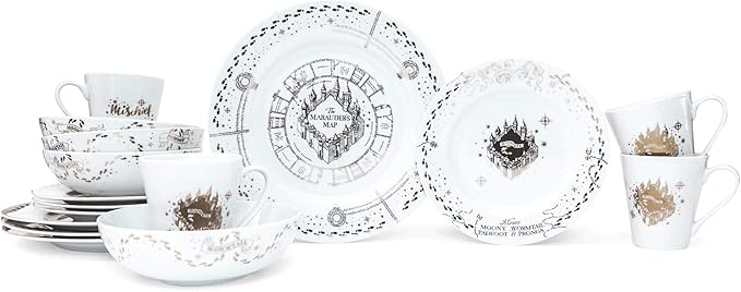 Harry Potter Marauders Map 16-Piece Ceramic Dinnerware Set | Hogwarts-Themed Dish Set | Includes Dinner Plates Salad Plates Bowls Mugs | Place Setting For 4 White