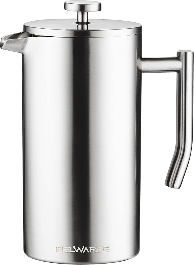 Belwares French Press Coffee Maker 50 oz - Large 304 Stainless Steel Double Wall Insulated Thermal Coffee Press for Home Kitchen 4-Level Filtration with Extra Screens Dishwasher Safe 1.5L Silver