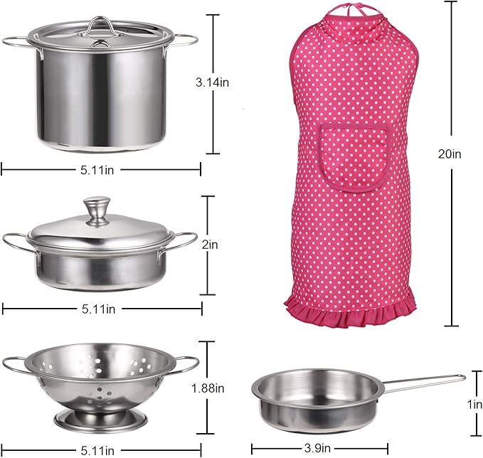 Juboury Kitchen Pretend Play Toys with Stainless Steel Cookware Pots and Pans Set Cooking Utensils Apron &amp Chef Hat Cutting Vegetables for Kids Girls Boys Toddlers