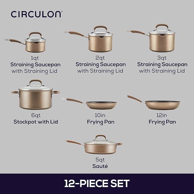 Circulon Premier Professional Hard Anodized Nonstick Cookware Induction Pots and Pans Set 12 Piece Bronze