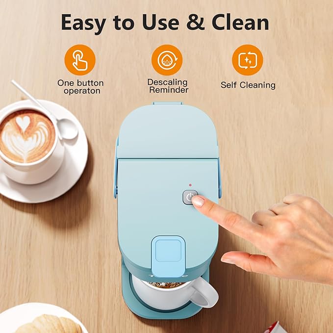 Single Serve One Cup Coffee Maker for K Cups and Grounds Mini Coffee Maker with Portable Handle 6 to 12 Oz Brew Size for Travel Camping Office RV and Dorm 120V Aqua