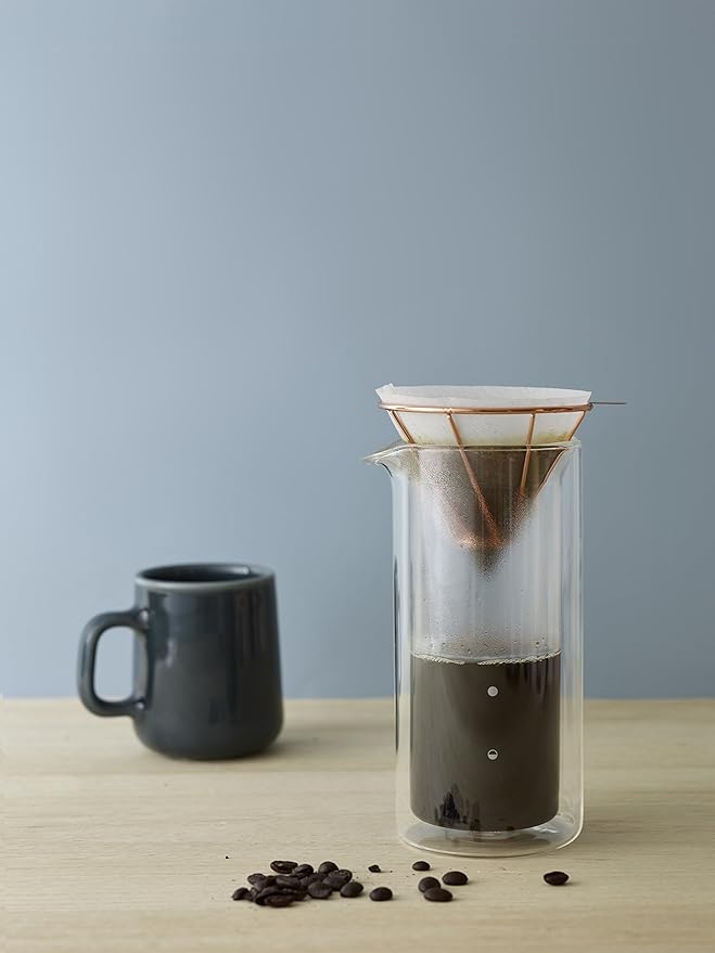 Pour Over Coffee Dripper and 2 Cup Carafe by Toast Living - 300 ML Double Vacuum Insulated Boro-silicate Glass Coffee Carafe Set with Copper Wire Funnel for Premium Coffee (10 oz)