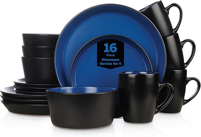Stone Lain Albie Stoneware 16-Piece Modern Dinnerware Set Kitchen Plates and Bowls Sets Service for 4 Blue and Black Microwave &amp Dishwasher Safe
