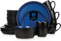 Stone Lain Albie Stoneware 16-Piece Modern Dinnerware Set Kitchen Plates and Bowls Sets Service for 4 Blue and Black Microwave &amp Dishwasher Safe