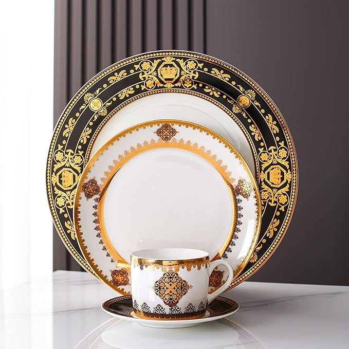 8-piece bone china dinnerware set for 2 gold plated pattern round dinner plates fine dish set for 6 with coffee cup for dinning dishwasher safe