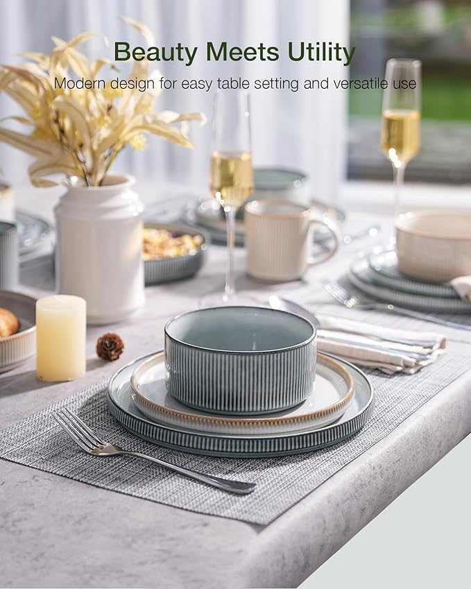 famiware Star Dinnerware Set Plates and Bowls Sets for 4 (12pcs) Ribbed Stoneware Dishes - Chip &amp Scratch Resistant Microwave &amp Dishwasher Safe Multicolor - Cappuccino White &amp Smoky Bl